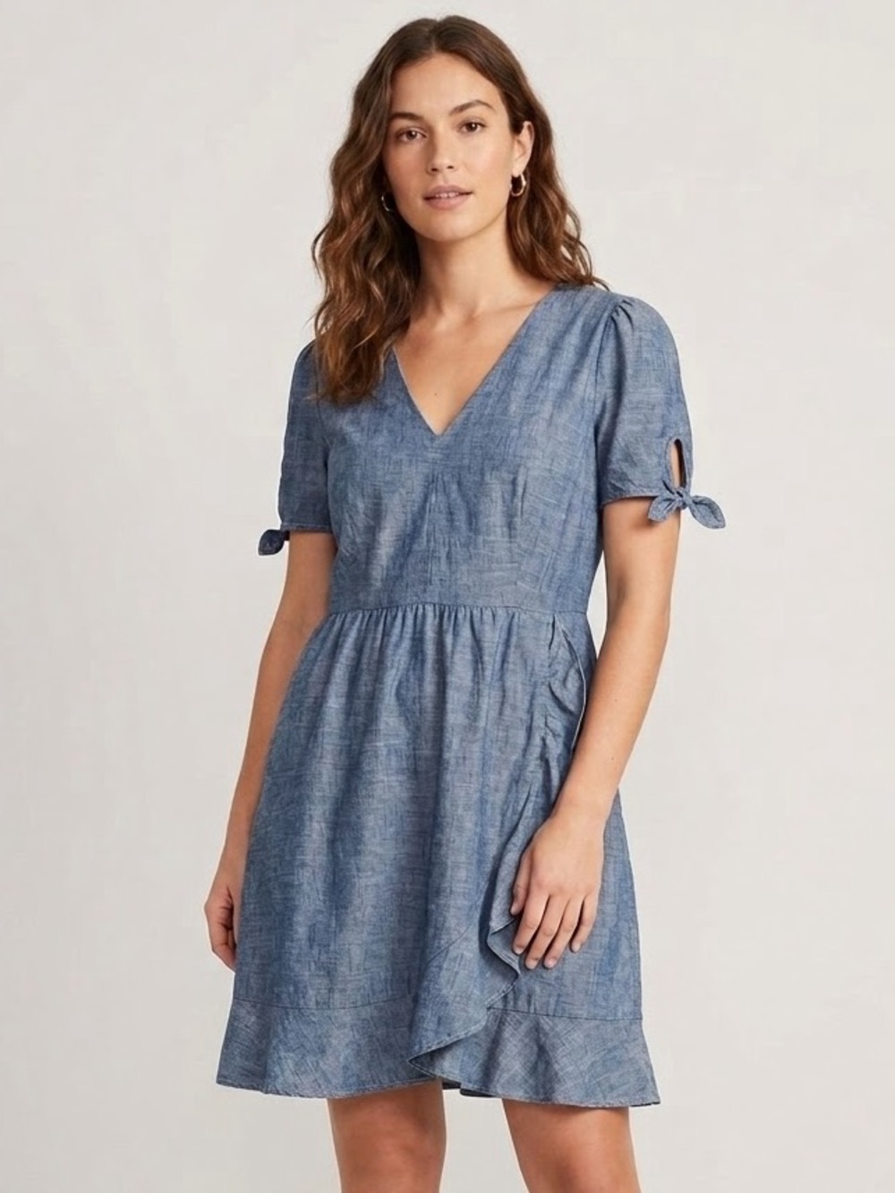 Crew Chambray Tie-Sleeve Ruffle Faux Wrap Dress Size 14 | 100% Cotton Denim Blue
